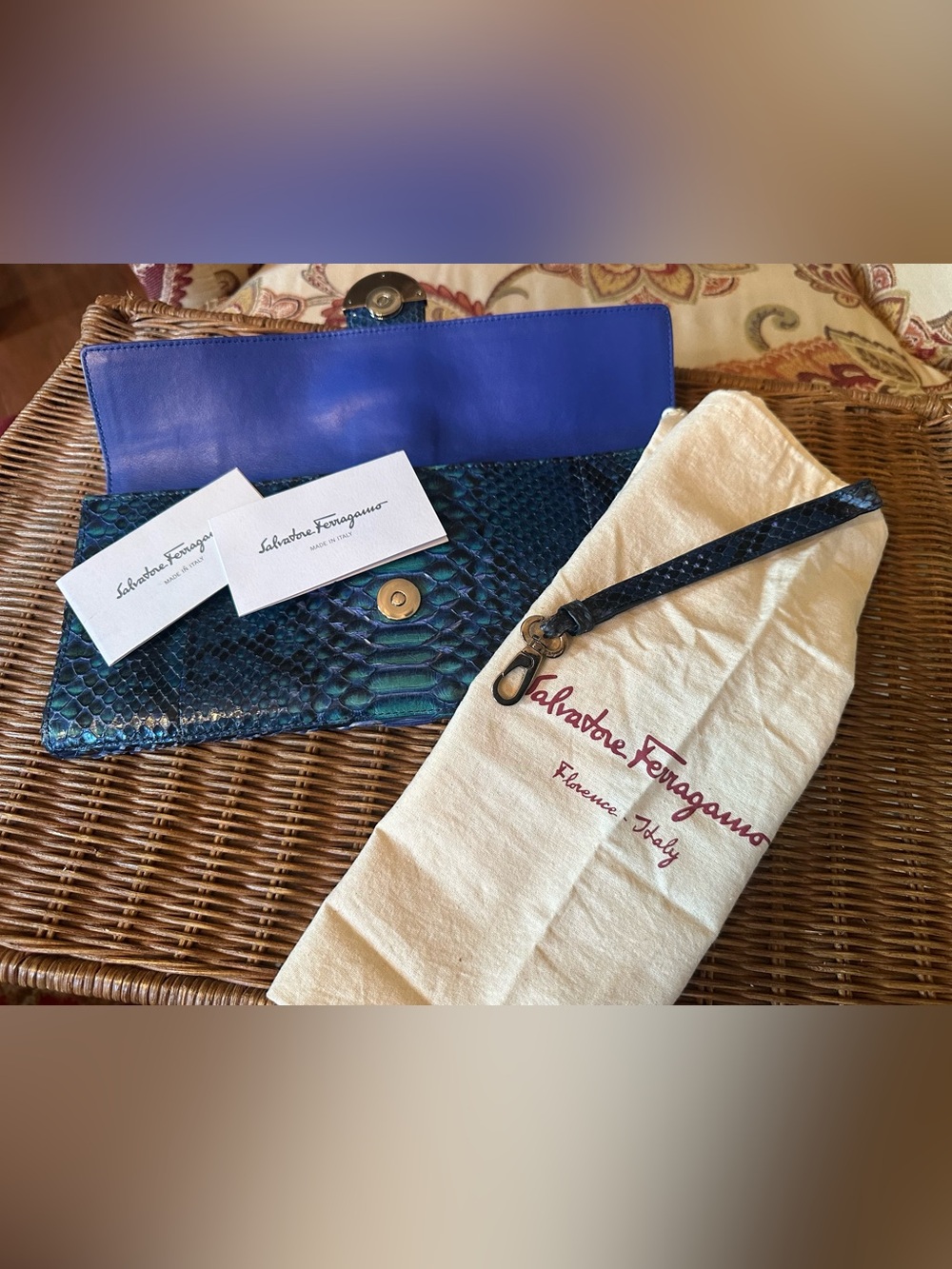 SALVATORE FERRAGAMO Exotic Blue Python Leather Clutch w/Gancini Motif Front Flap - Picture 5 of 9